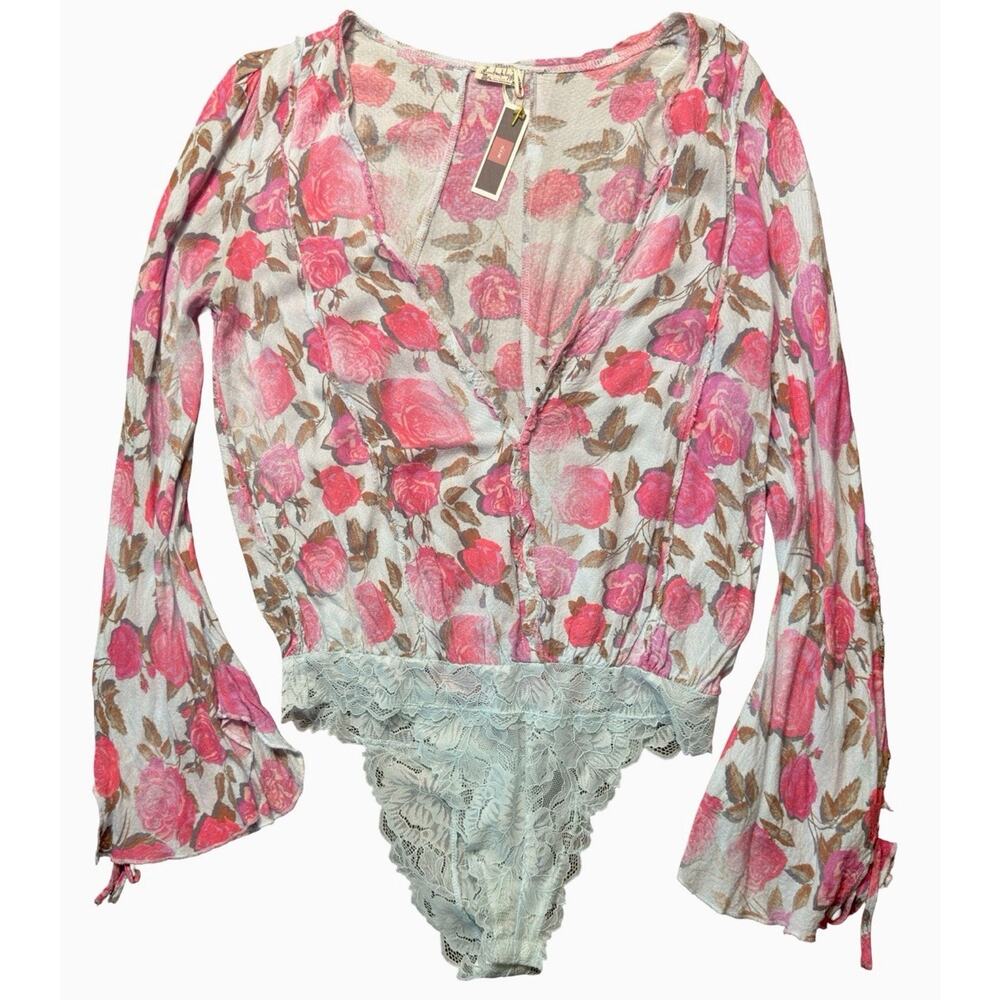 Free People Intimately NWT Floral Lace Bodysuit Top Pink Rose Print Small‎